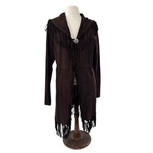 Tasha Polizzi Jacket Women Brown Fringe Suede Duster Concho Button Coat
